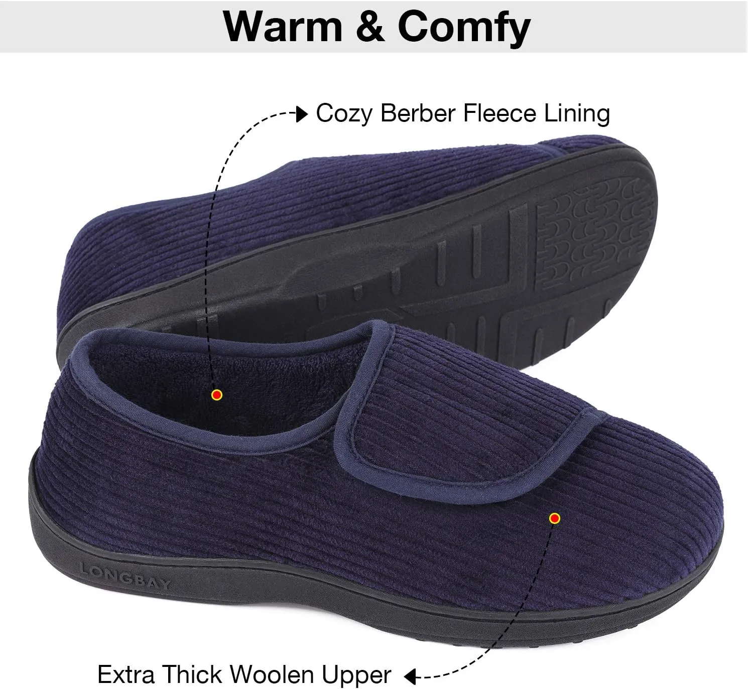 LongBay Men's Memory Foam Diabetic Slippers Comfy Warm Plush Fleece Arthritis Edema Swollen House Shoes