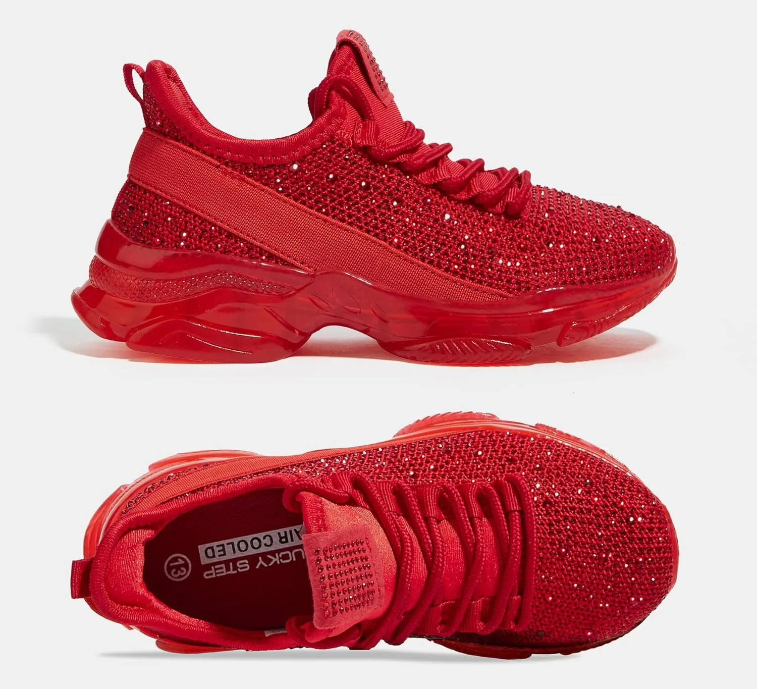LUCKY STEP Girls Rhinestone Slip On Sneakers Kids Sparkly Lightweight Tennis School Knit Jelly Sole Glitter Walking Shoes Toddler