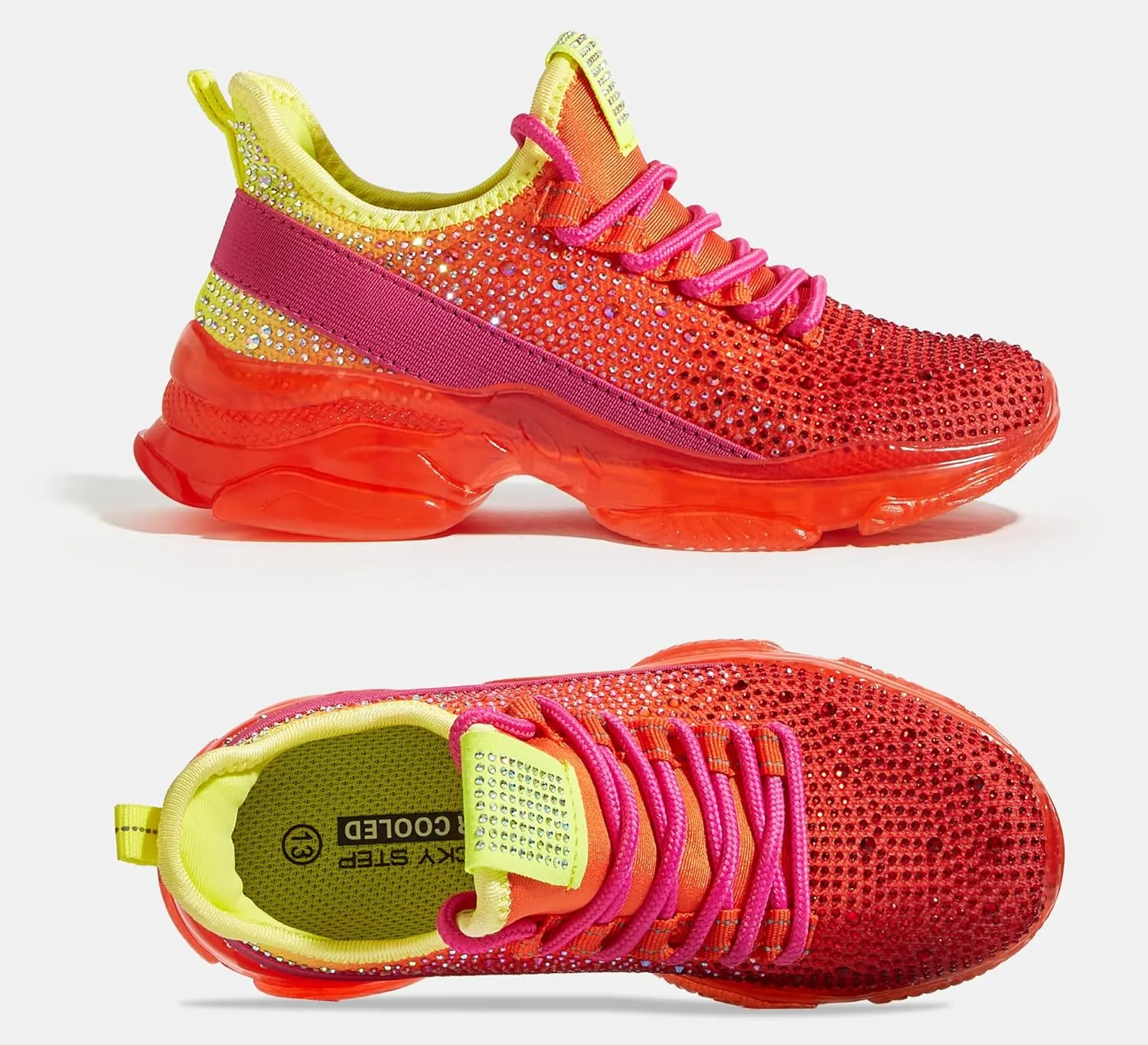 LUCKY STEP Girls Rhinestone Slip On Sneakers Kids Sparkly Lightweight Tennis School Knit Jelly Sole Glitter Walking Shoes Toddler