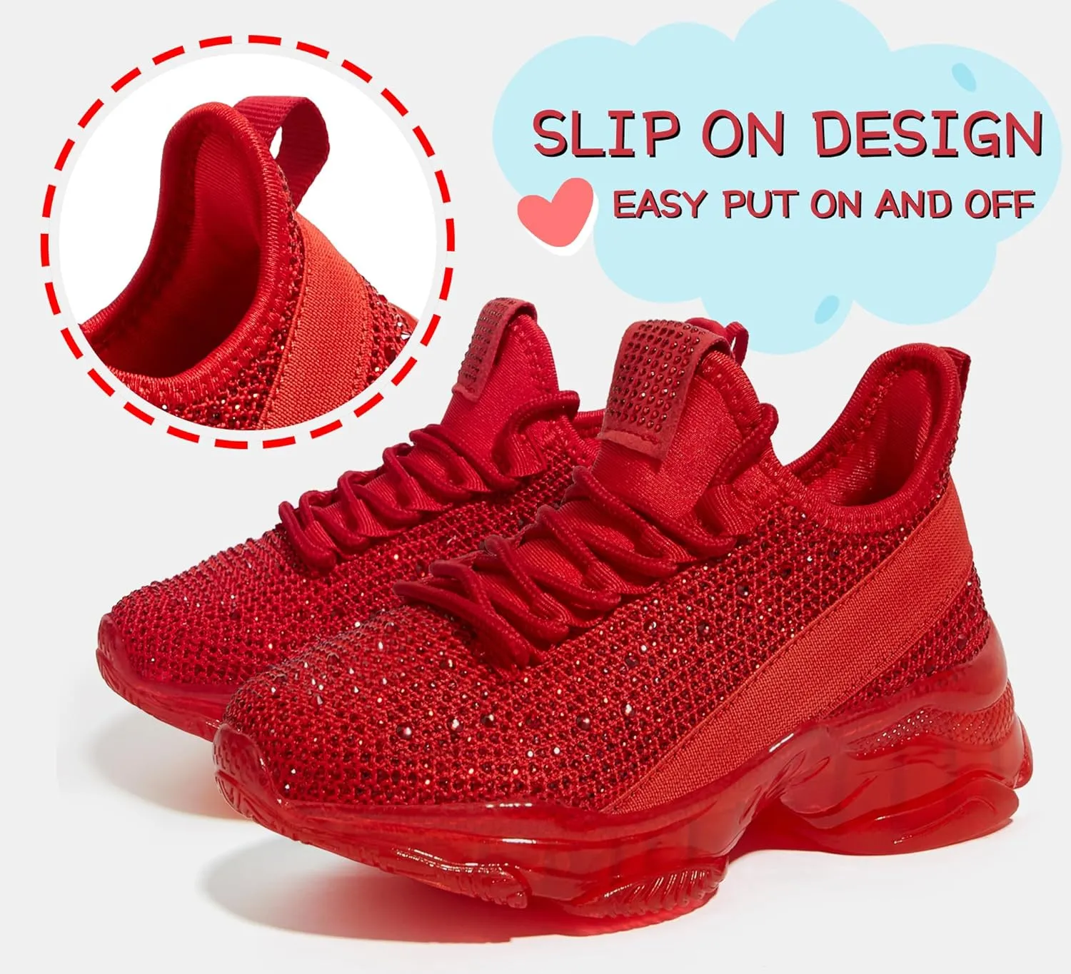 LUCKY STEP Girls Rhinestone Slip On Sneakers Kids Sparkly Lightweight Tennis School Knit Jelly Sole Glitter Walking Shoes Toddler