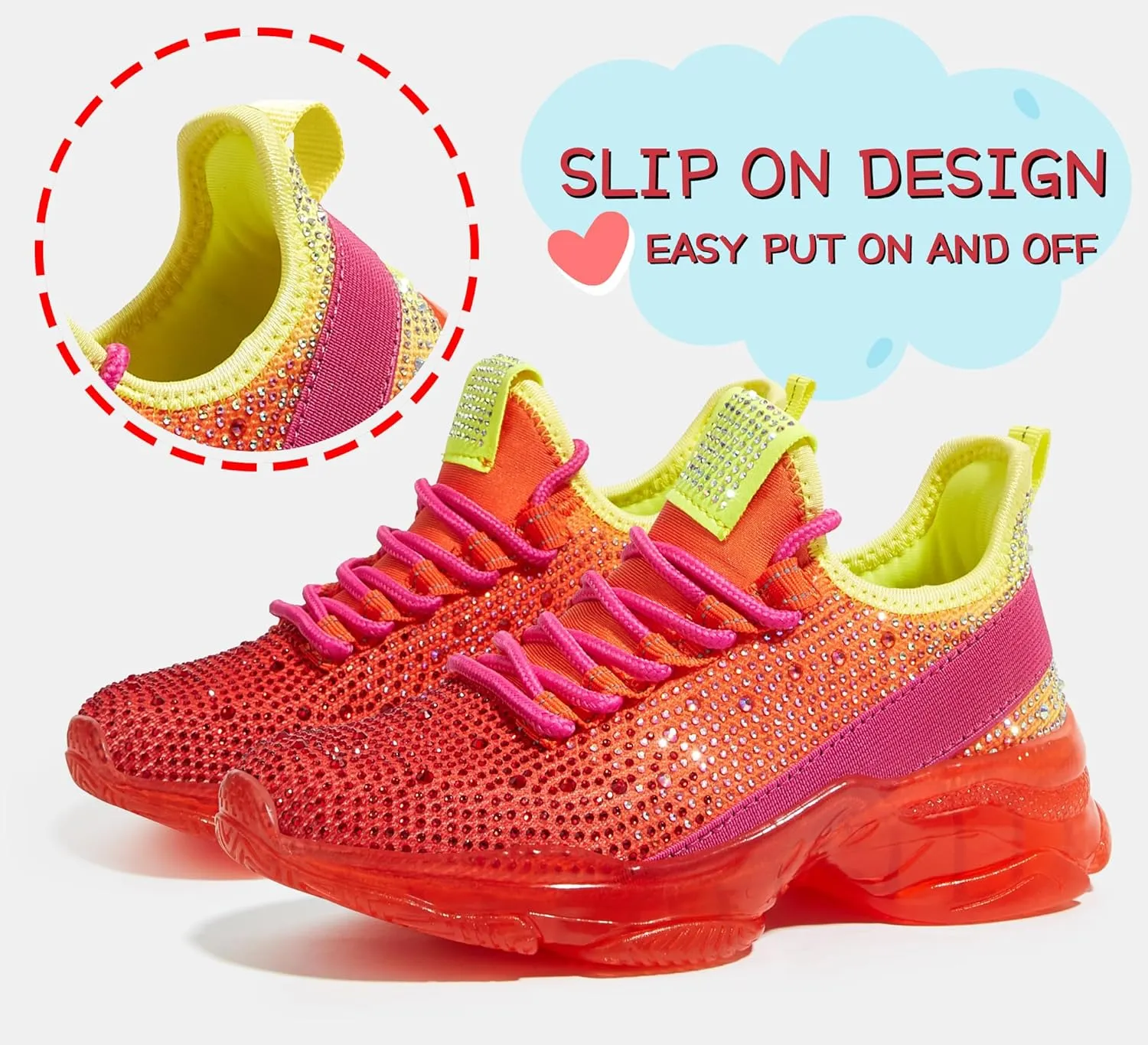 LUCKY STEP Girls Rhinestone Slip On Sneakers Kids Sparkly Lightweight Tennis School Knit Jelly Sole Glitter Walking Shoes Toddler