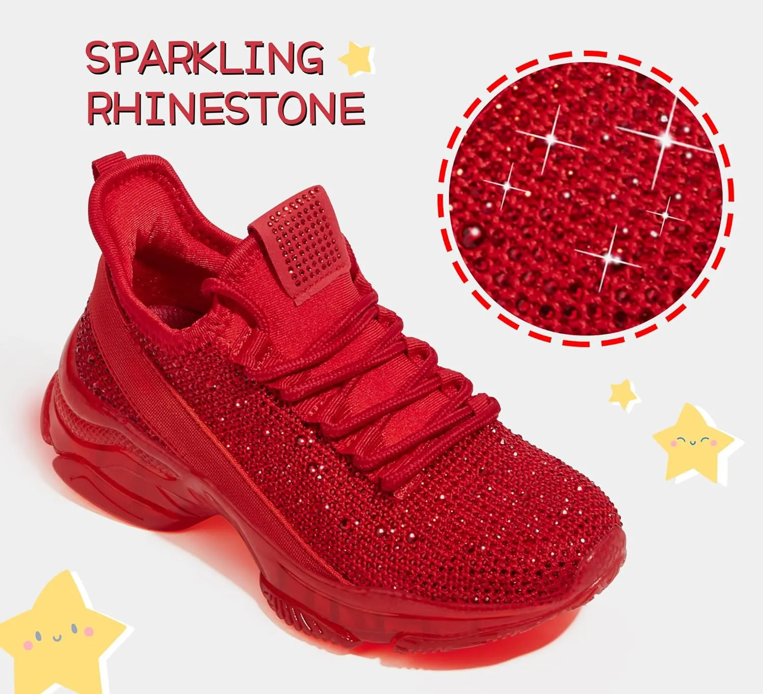 LUCKY STEP Girls Rhinestone Slip On Sneakers Kids Sparkly Lightweight Tennis School Knit Jelly Sole Glitter Walking Shoes Toddler