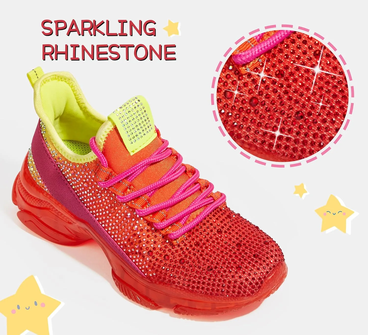 LUCKY STEP Girls Rhinestone Slip On Sneakers Kids Sparkly Lightweight Tennis School Knit Jelly Sole Glitter Walking Shoes Toddler