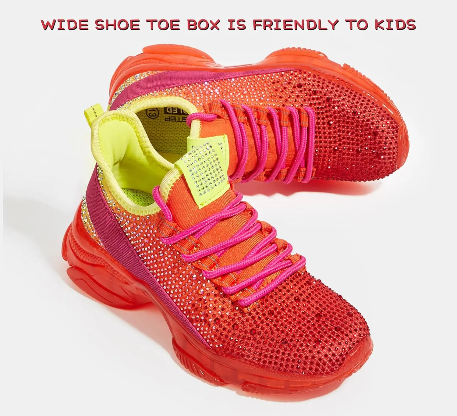 LUCKY STEP Girls Rhinestone Slip On Sneakers Kids Sparkly Lightweight Tennis School Knit Jelly Sole Glitter Walking Shoes Toddler