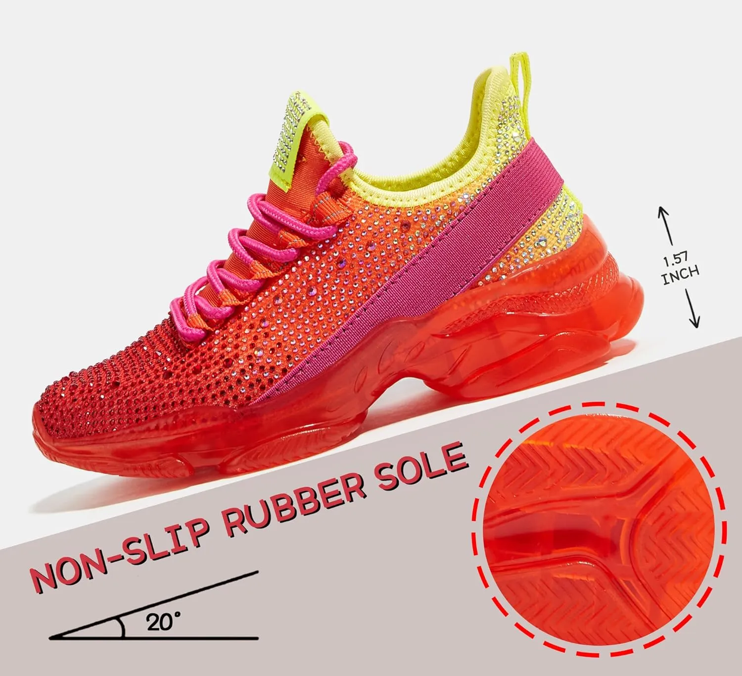 LUCKY STEP Girls Rhinestone Slip On Sneakers Kids Sparkly Lightweight Tennis School Knit Jelly Sole Glitter Walking Shoes Toddler