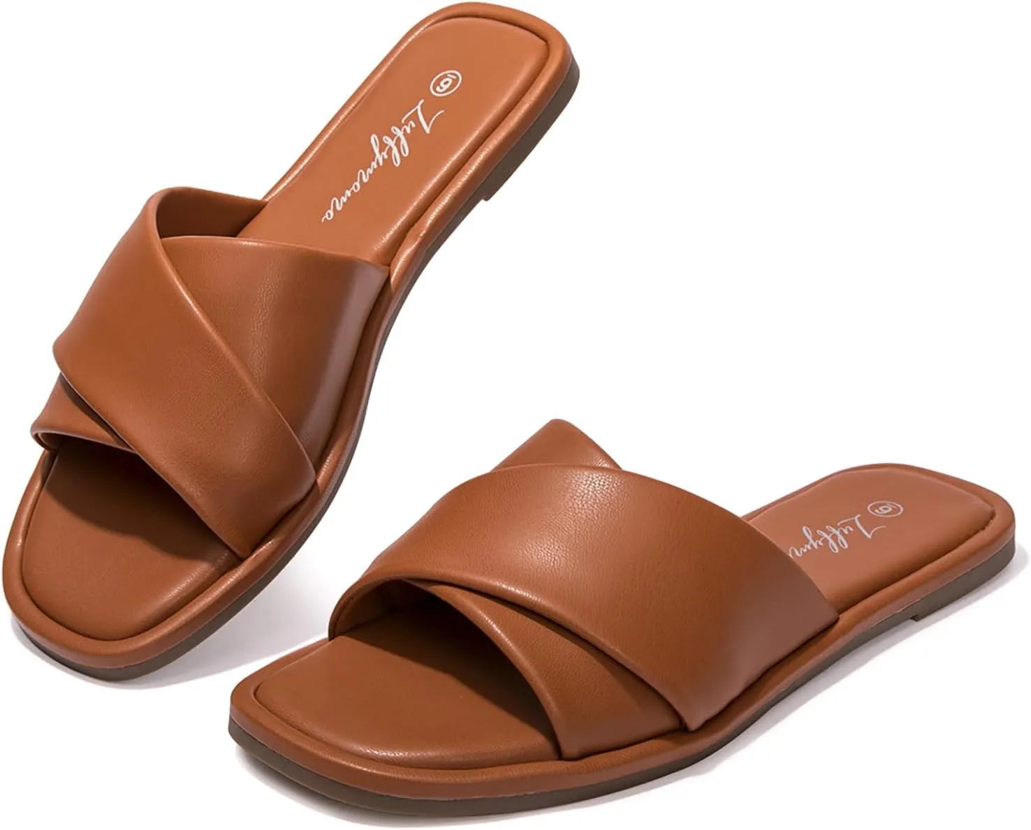 Luffymomo Womens Square Toe Flat Sandals Soft Leather Slide Sandals Cute Slip on Slippers for Summer