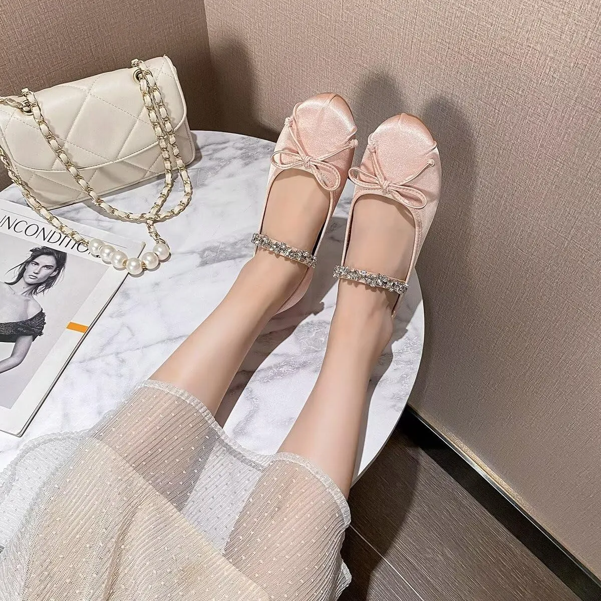 LUXINYU Flats for Women Dressy Square Toe Ankle Strap Mary Jane Shoes Casual Slip On Flats Comfortable Ballet Flats