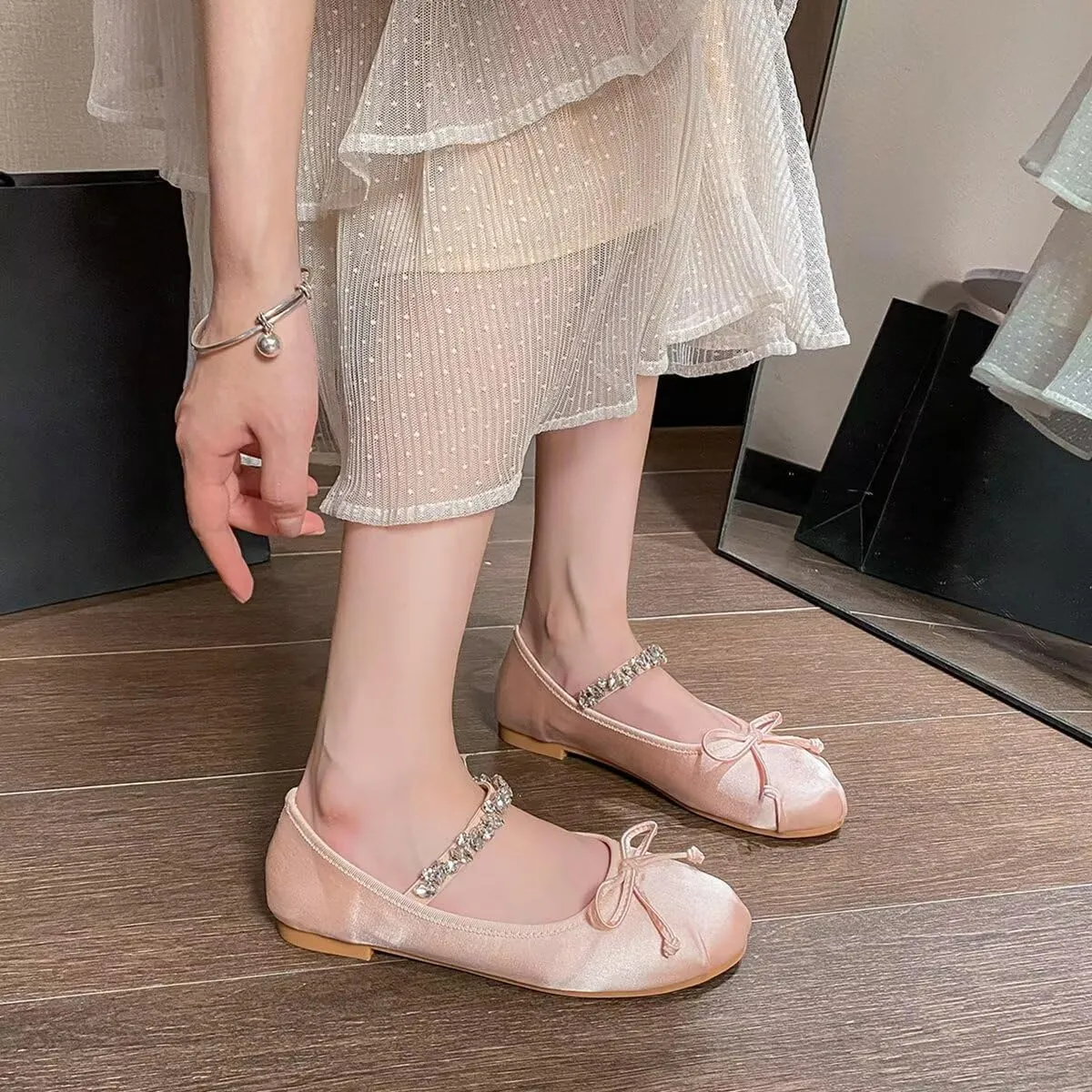 LUXINYU Flats for Women Dressy Square Toe Ankle Strap Mary Jane Shoes Casual Slip On Flats Comfortable Ballet Flats