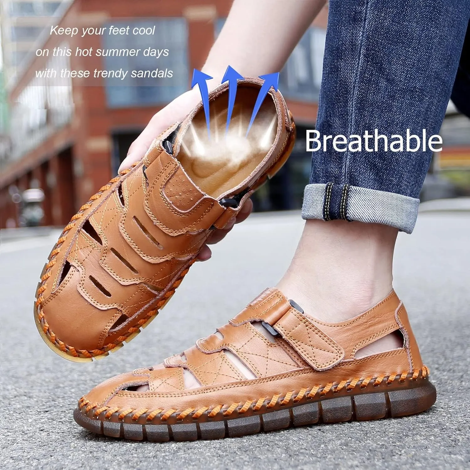 MAIZUN Men's Sandal Leather Casual Closed Toe Beach Fisherman Shoes Outdoor Summer Sports Sandals
