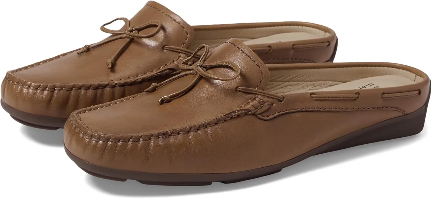 Marc Joseph New York Womens Casual Comfortable Genuine Leather Flat Mules Sandals Closed Toe Backless Lightweight Fashion Loafer with Tiebow Detail Slip-On Slides