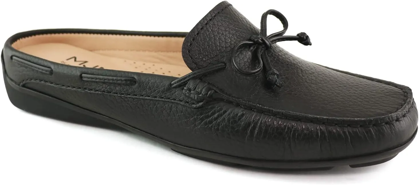 Marc Joseph New York Womens Casual Comfortable Genuine Leather Flat Mules Sandals Closed Toe Backless Lightweight Fashion Loafer with Tiebow Detail Slip-On Slides