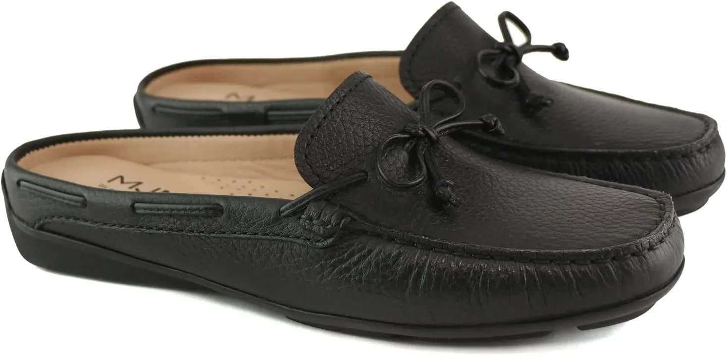 Marc Joseph New York Womens Casual Comfortable Genuine Leather Flat Mules Sandals Closed Toe Backless Lightweight Fashion Loafer with Tiebow Detail Slip-On Slides