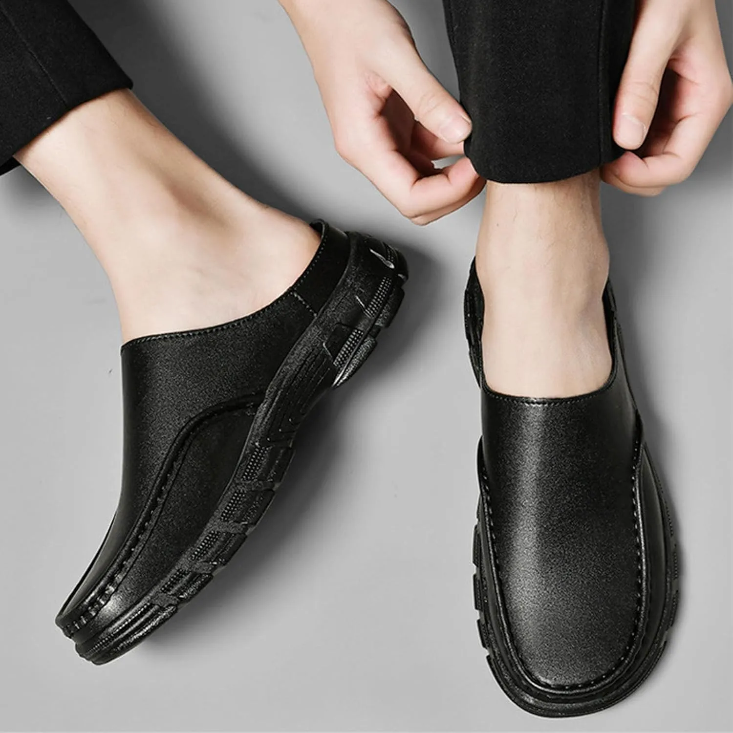 Men Leather Platform Wide Toe Mule Shoes Summer Closed Round Toe Fashion Retro Flat Backless Dress Loafers Shoes Comfortable Anti Slip Lightweight Causal Business Half Slides