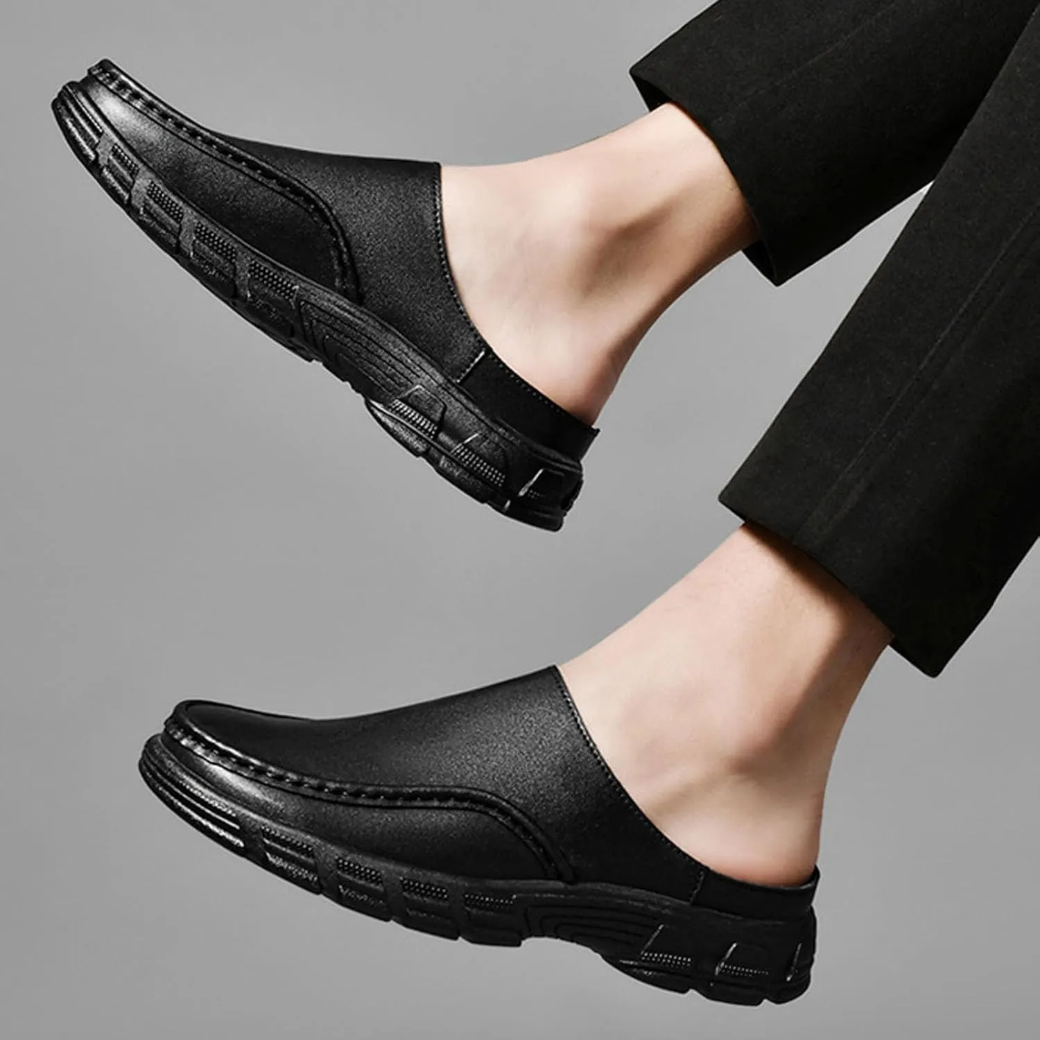 Men Leather Platform Wide Toe Mule Shoes Summer Closed Round Toe Fashion Retro Flat Backless Dress Loafers Shoes Comfortable Anti Slip Lightweight Causal Business Half Slides