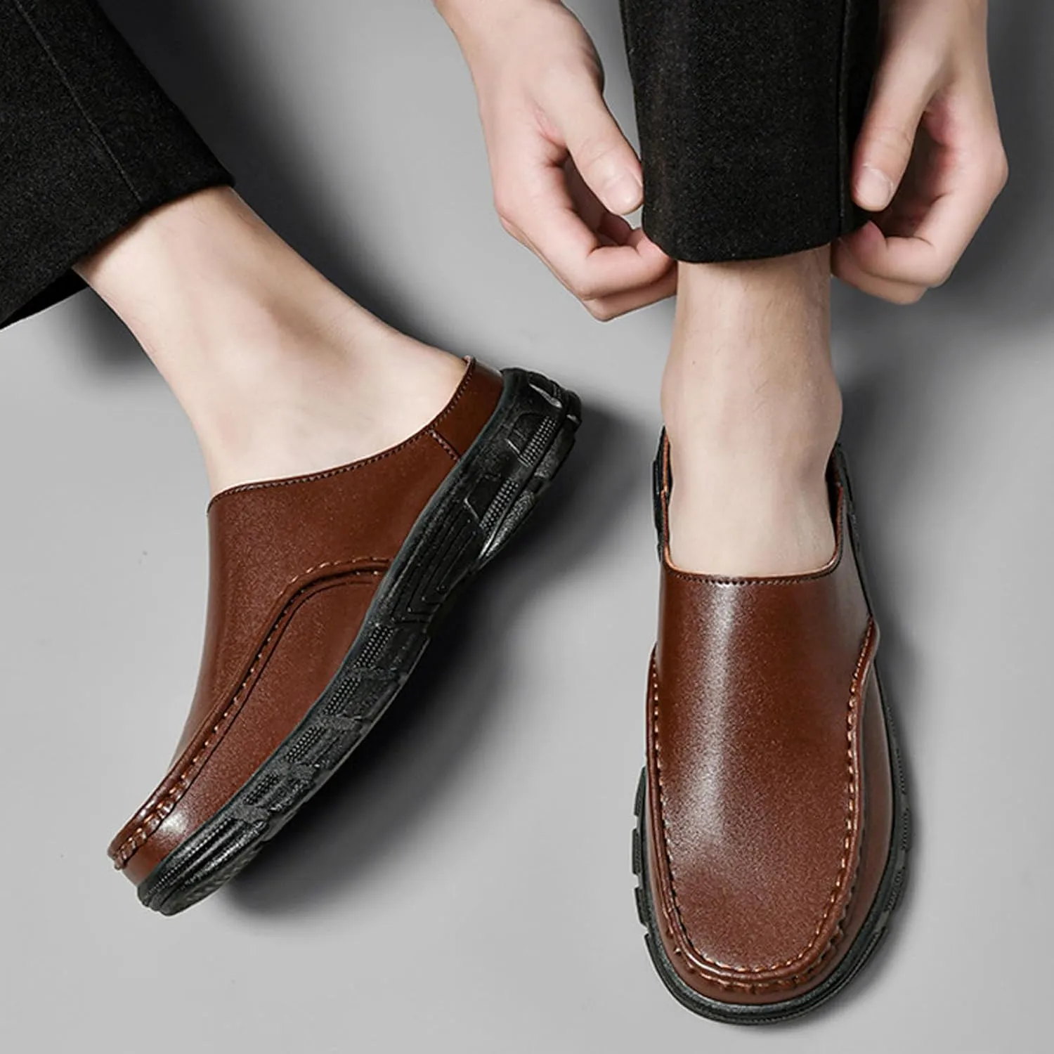 Men Leather Platform Wide Toe Mule Shoes Summer Closed Round Toe Fashion Retro Flat Backless Dress Loafers Shoes Comfortable Anti Slip Lightweight Causal Business Half Slides