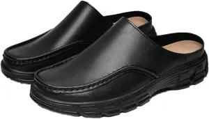 Men Leather Platform Wide Toe Mule Shoes Summer Closed Round Toe Fashion Retro Flat Backless Dress Loafers Shoes Comfortable Anti Slip Lightweight Causal Business Half Slides
