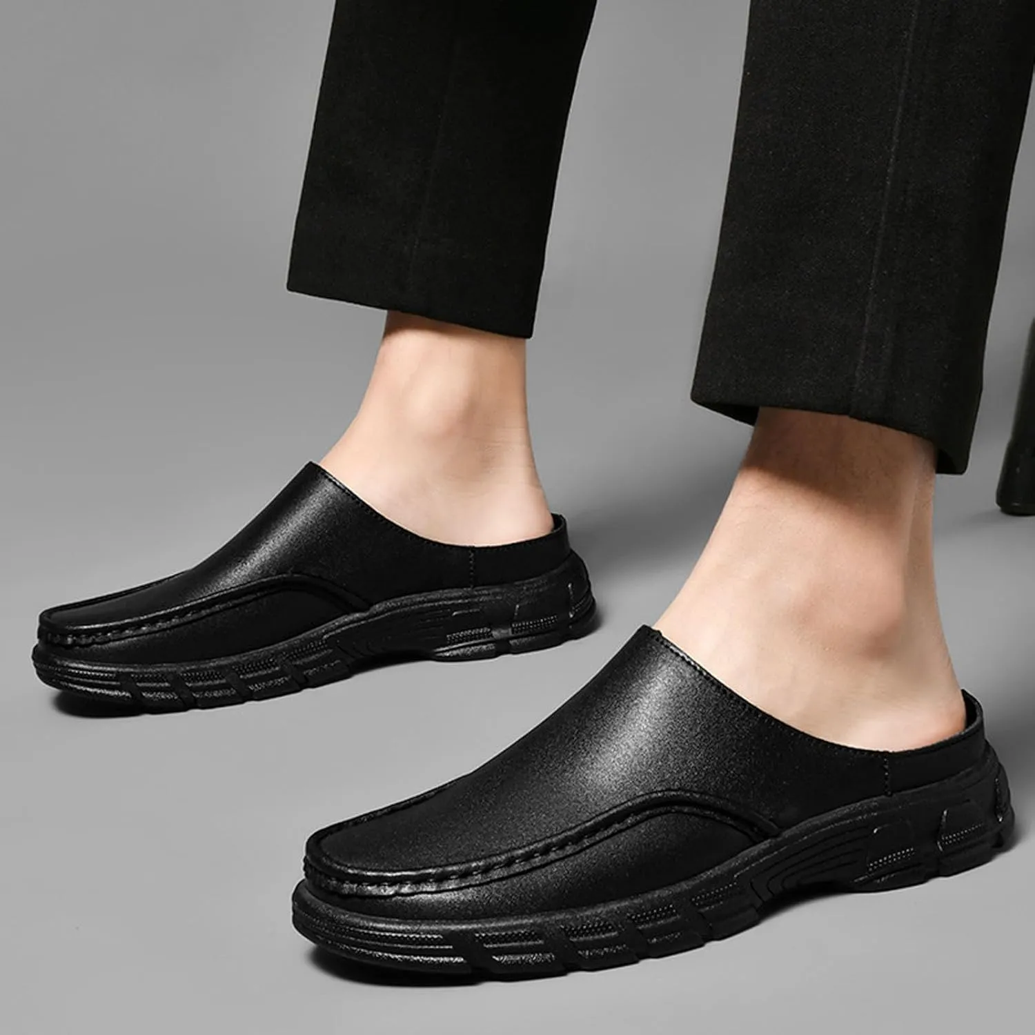 Men Leather Platform Wide Toe Mule Shoes Summer Closed Round Toe Fashion Retro Flat Backless Dress Loafers Shoes Comfortable Anti Slip Lightweight Causal Business Half Slides