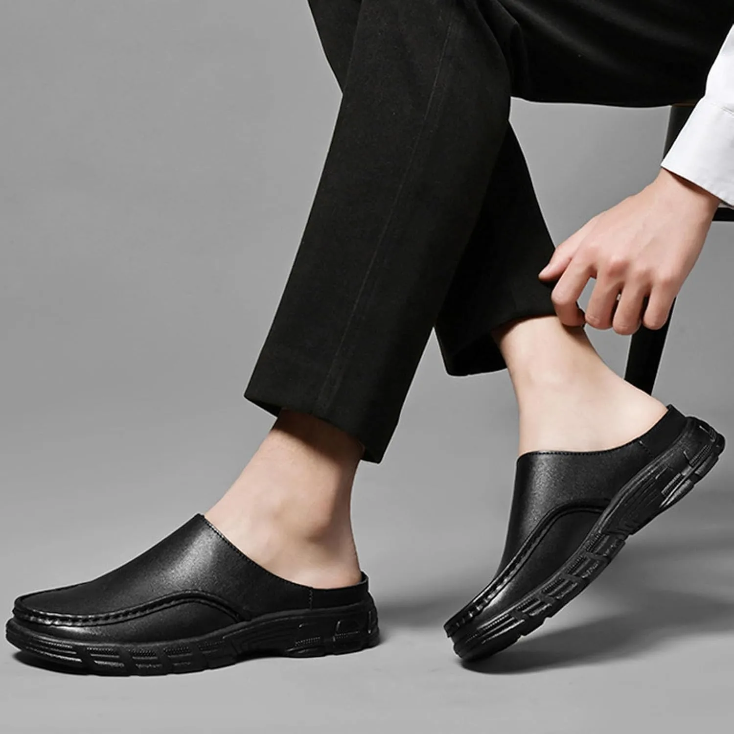Men Leather Platform Wide Toe Mule Shoes Summer Closed Round Toe Fashion Retro Flat Backless Dress Loafers Shoes Comfortable Anti Slip Lightweight Causal Business Half Slides