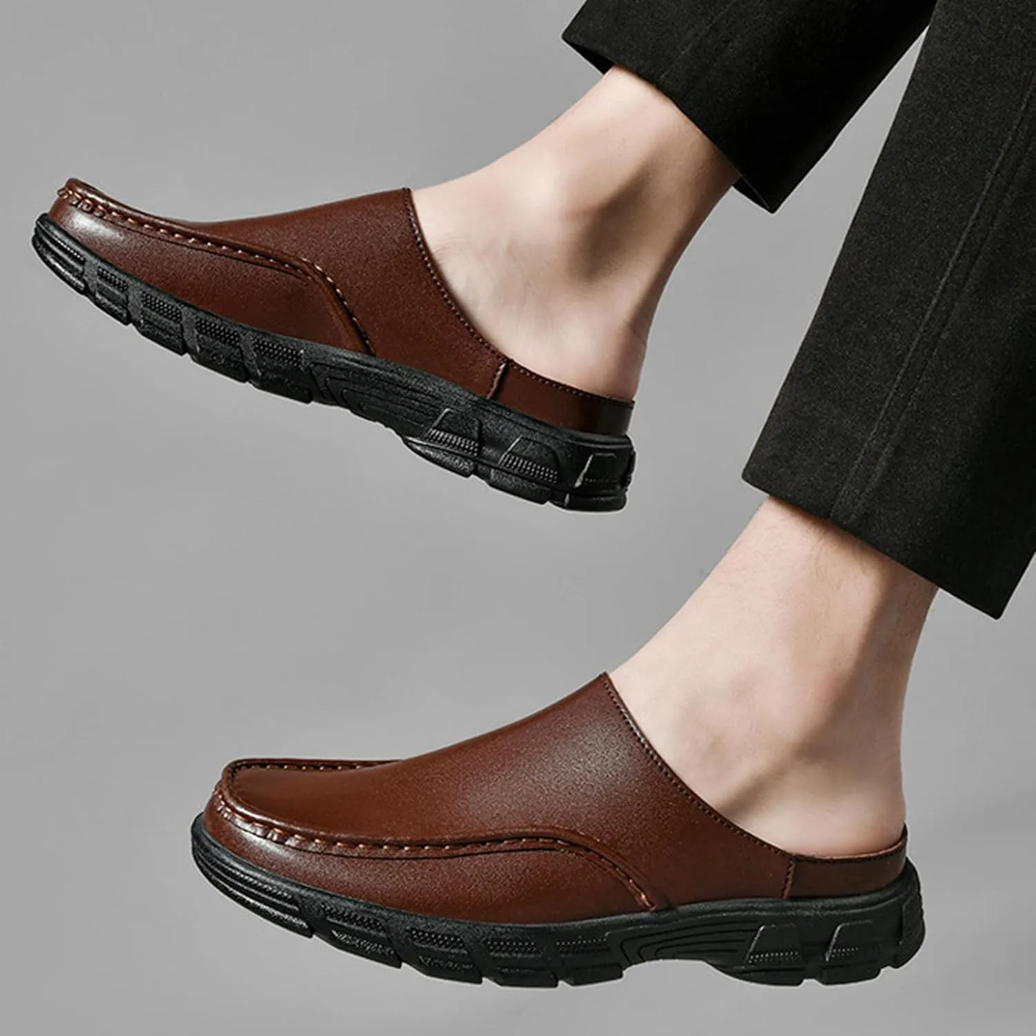 Men Leather Platform Wide Toe Mule Shoes Summer Closed Round Toe Fashion Retro Flat Backless Dress Loafers Shoes Comfortable Anti Slip Lightweight Causal Business Half Slides