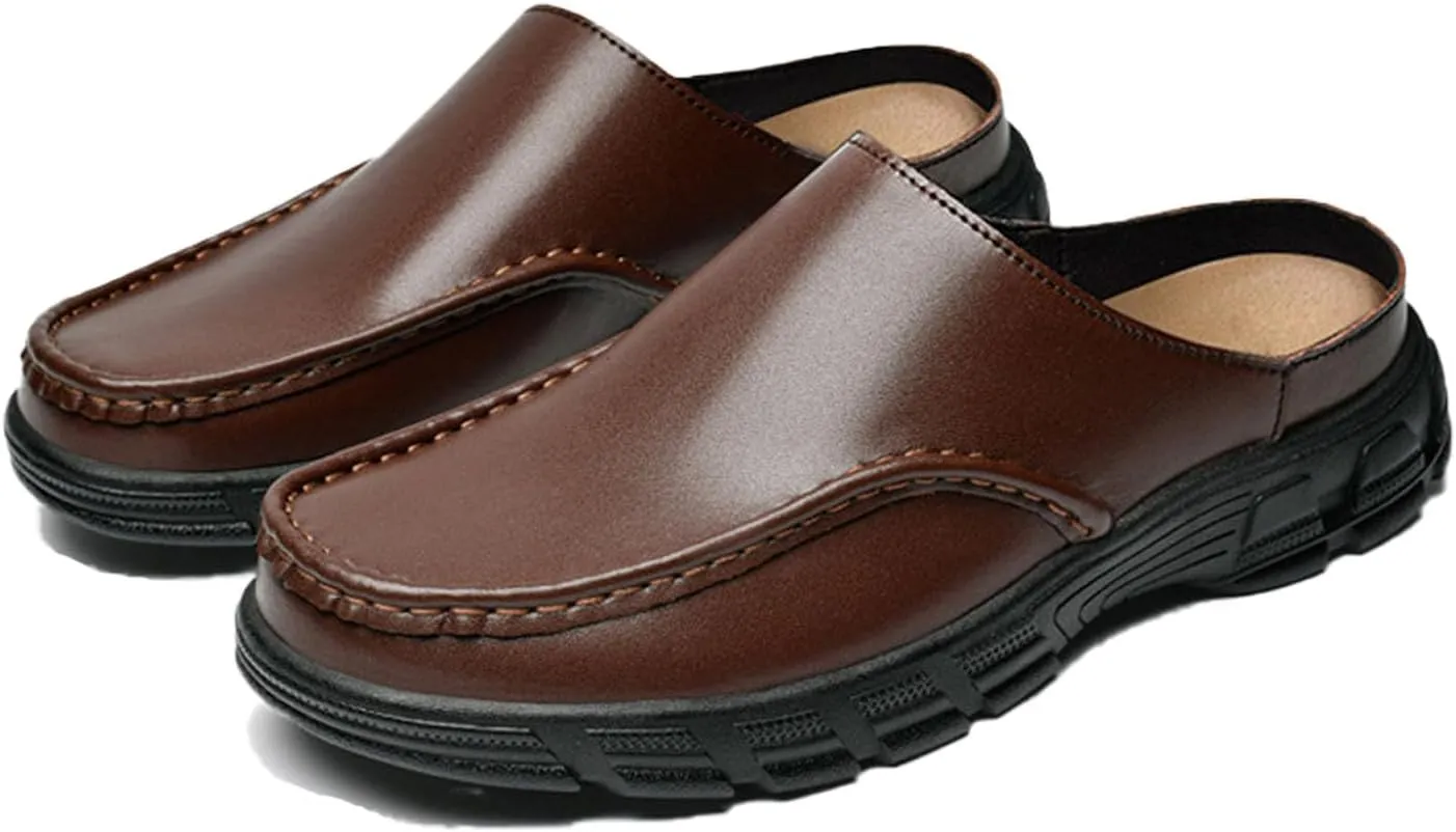 Men Leather Platform Wide Toe Mule Shoes Summer Closed Round Toe Fashion Retro Flat Backless Dress Loafers Shoes Comfortable Anti Slip Lightweight Causal Business Half Slides