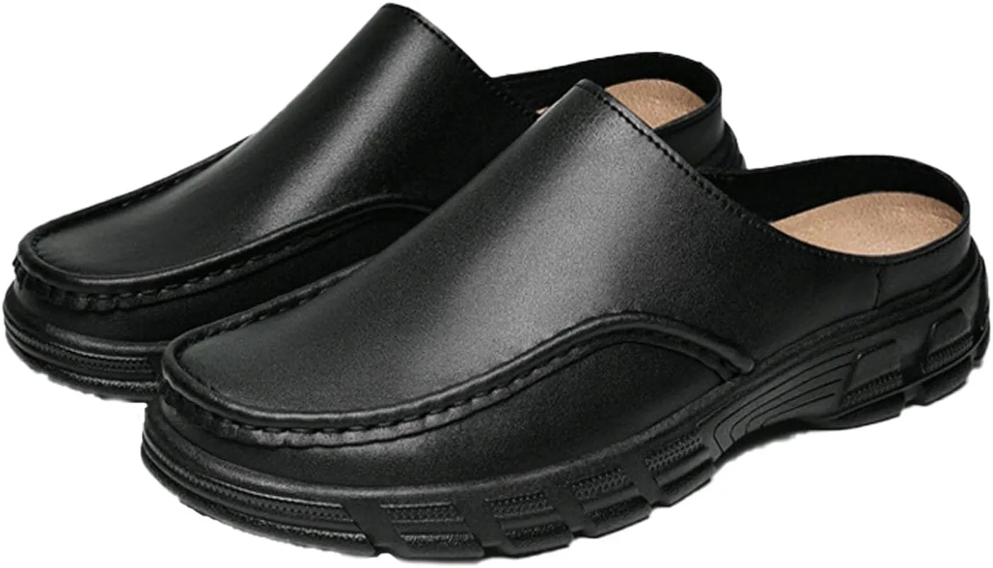 Men Leather Platform Wide Toe Mule Shoes Summer Closed Round Toe Fashion Retro Flat Backless Dress Loafers Shoes Comfortable Anti Slip Lightweight Causal Business Half Slides