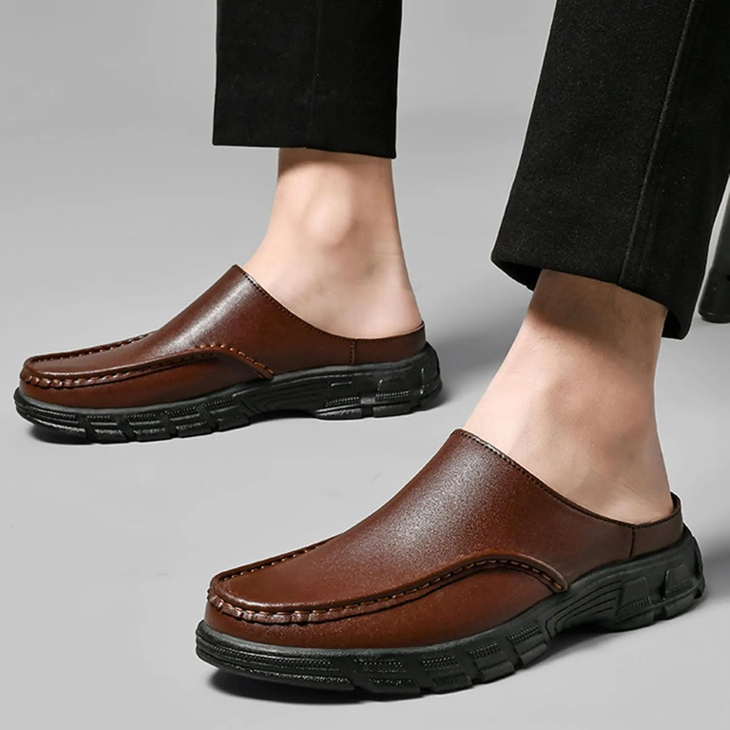 Men Leather Platform Wide Toe Mule Shoes Summer Closed Round Toe Fashion Retro Flat Backless Dress Loafers Shoes Comfortable Anti Slip Lightweight Causal Business Half Slides