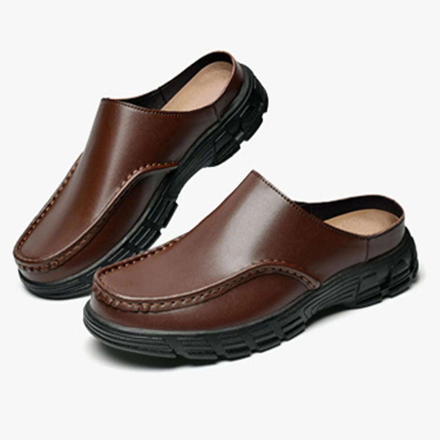 Men Leather Platform Wide Toe Mule Shoes Summer Closed Round Toe Fashion Retro Flat Backless Dress Loafers Shoes Comfortable Anti Slip Lightweight Causal Business Half Slides