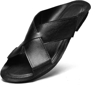 Men's Genuine Leather Cutout Slides Sandals Comfort Lightweight Open Round Toe Slip On Anti-Slip Soft Bottom Slippers Summer Casual Walking Beach Fisherman Sandals