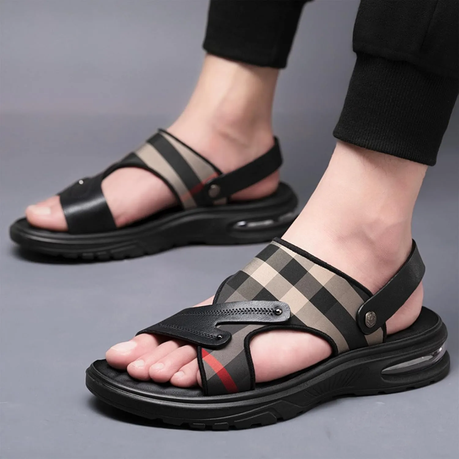 Men's Leather Adjustable Back Strap Flats Sandals Comfort Open Toe Slip-On Non-Slip Dual Use Strap Beach Sandals Casual Summer Air Cushion Slidess