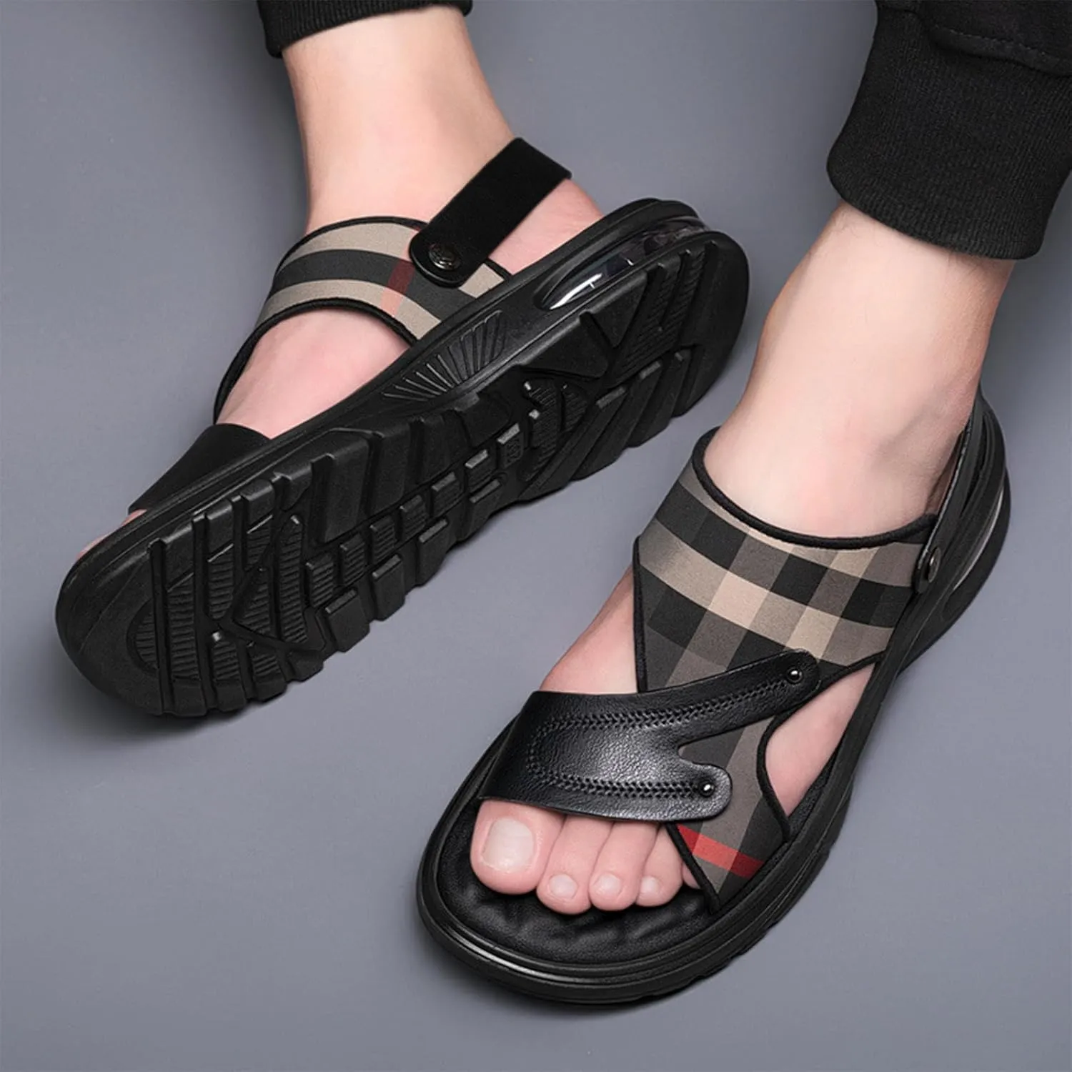 Men's Leather Adjustable Back Strap Flats Sandals Comfort Open Toe Slip-On Non-Slip Dual Use Strap Beach Sandals Casual Summer Air Cushion Slidess