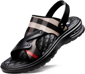 Men's Leather Adjustable Back Strap Flats Sandals Comfort Open Toe Slip-On Non-Slip Dual Use Strap Beach Sandals Casual Summer Air Cushion Slidess
