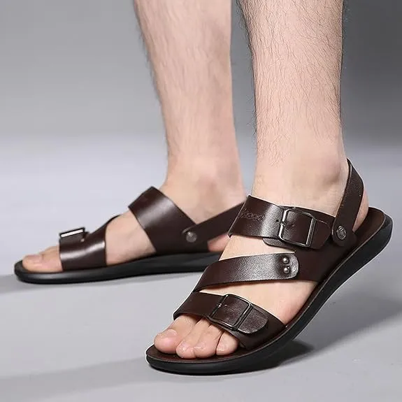 Men's Leather Open Toe Hollow Beach Sandals Slip On Breathable Lightweight with Adjust Buckle Strap Outdoor