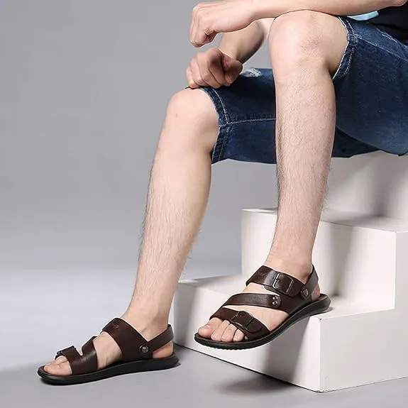 Men's Leather Open Toe Hollow Beach Sandals Slip On Breathable Lightweight with Adjust Buckle Strap Outdoor