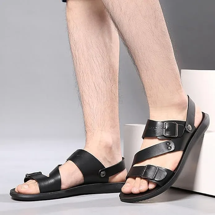 Men's Leather Open Toe Hollow Beach Sandals Slip On Breathable Lightweight with Adjust Buckle Strap Outdoor