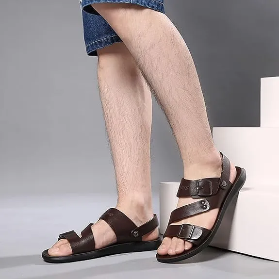 Men's Leather Open Toe Hollow Beach Sandals Slip On Breathable Lightweight with Adjust Buckle Strap Outdoor