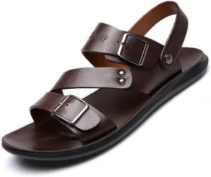 Men's Leather Open Toe Hollow Beach Sandals Slip On Breathable Lightweight with Adjust Buckle Strap Outdoor