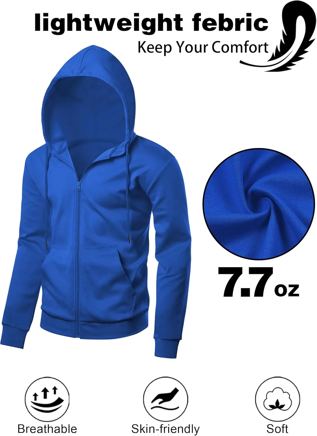 Men's Lightweight Zip Up Hoodie Long Sleeve Sweatshirt Athletic Slim Fit Basic Jacket with Pockets(Regular & Tall)