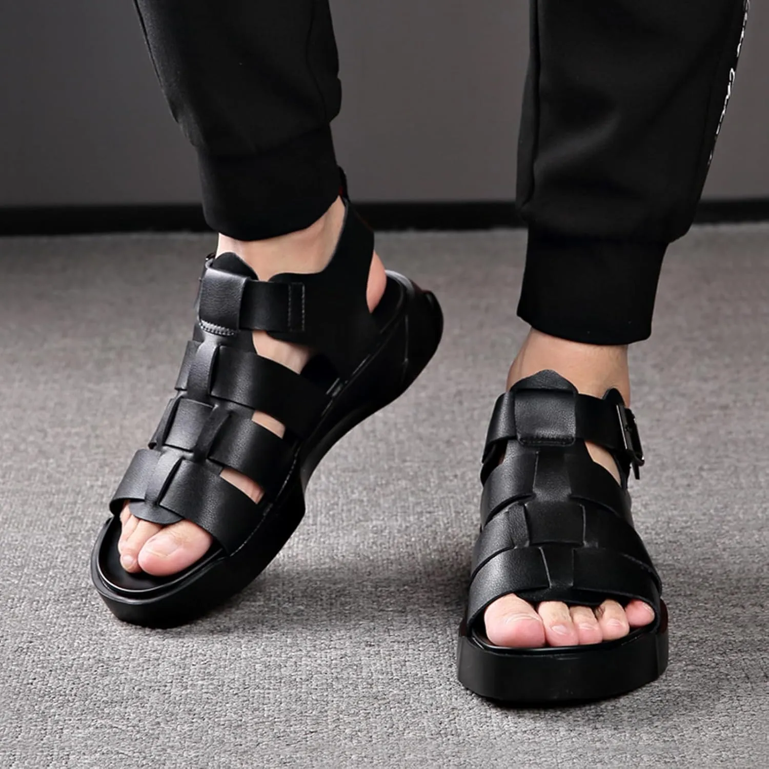 Men's Open Toe Ankle Buckle Sandals,Summer Platform Non-Slip Leather Roman Beach Sandals Outdoor Casual Hollow Driving Walking Shoes