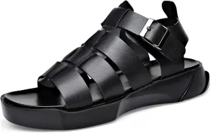 Men's Open Toe Ankle Buckle Sandals,Summer Platform Non-Slip Leather Roman Beach Sandals Outdoor Casual Hollow Driving Walking Shoes