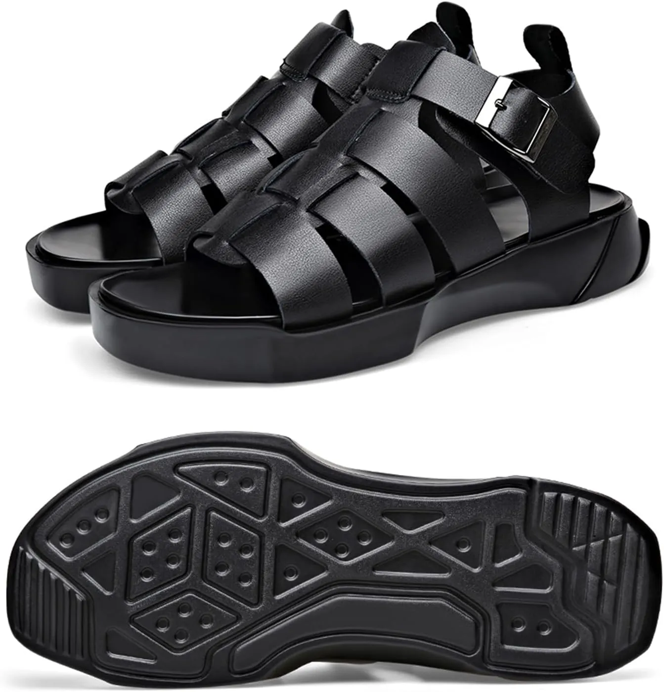 Men's Open Toe Ankle Buckle Sandals,Summer Platform Non-Slip Leather Roman Beach Sandals Outdoor Casual Hollow Driving Walking Shoes