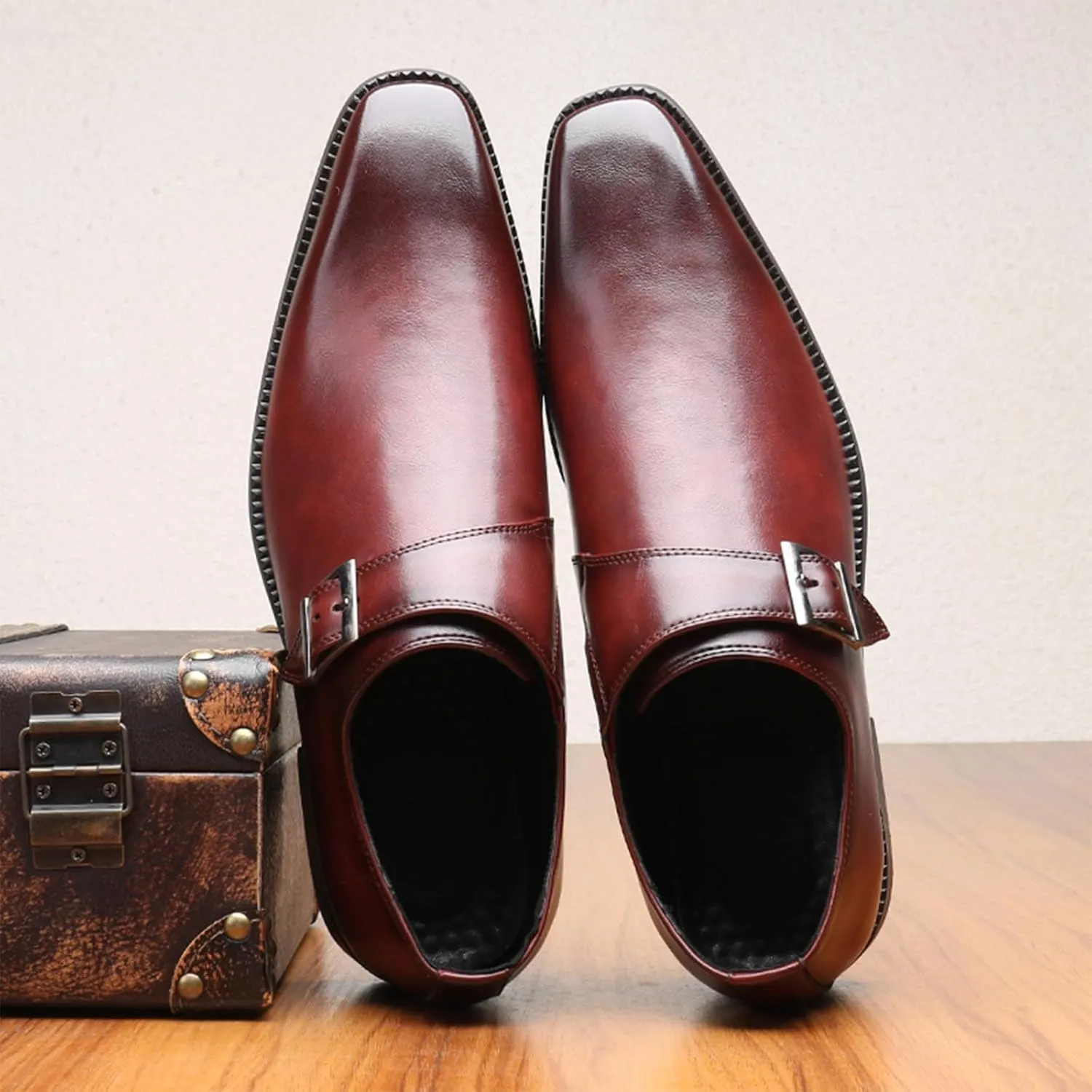 Mens Retro Comfort Slip On Monk Buckle Loafers Pointed-Toe Low Heel Polishing Leather Formal Tuxedo Shoes Fashion Business Dress Oxford Shoes