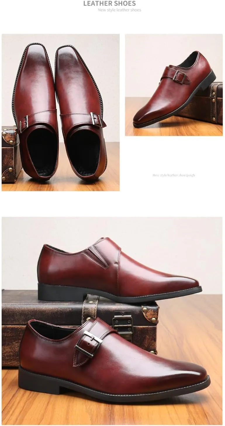 Mens Retro Comfort Slip On Monk Buckle Loafers Pointed-Toe Low Heel Polishing Leather Formal Tuxedo Shoes Fashion Business Dress Oxford Shoes