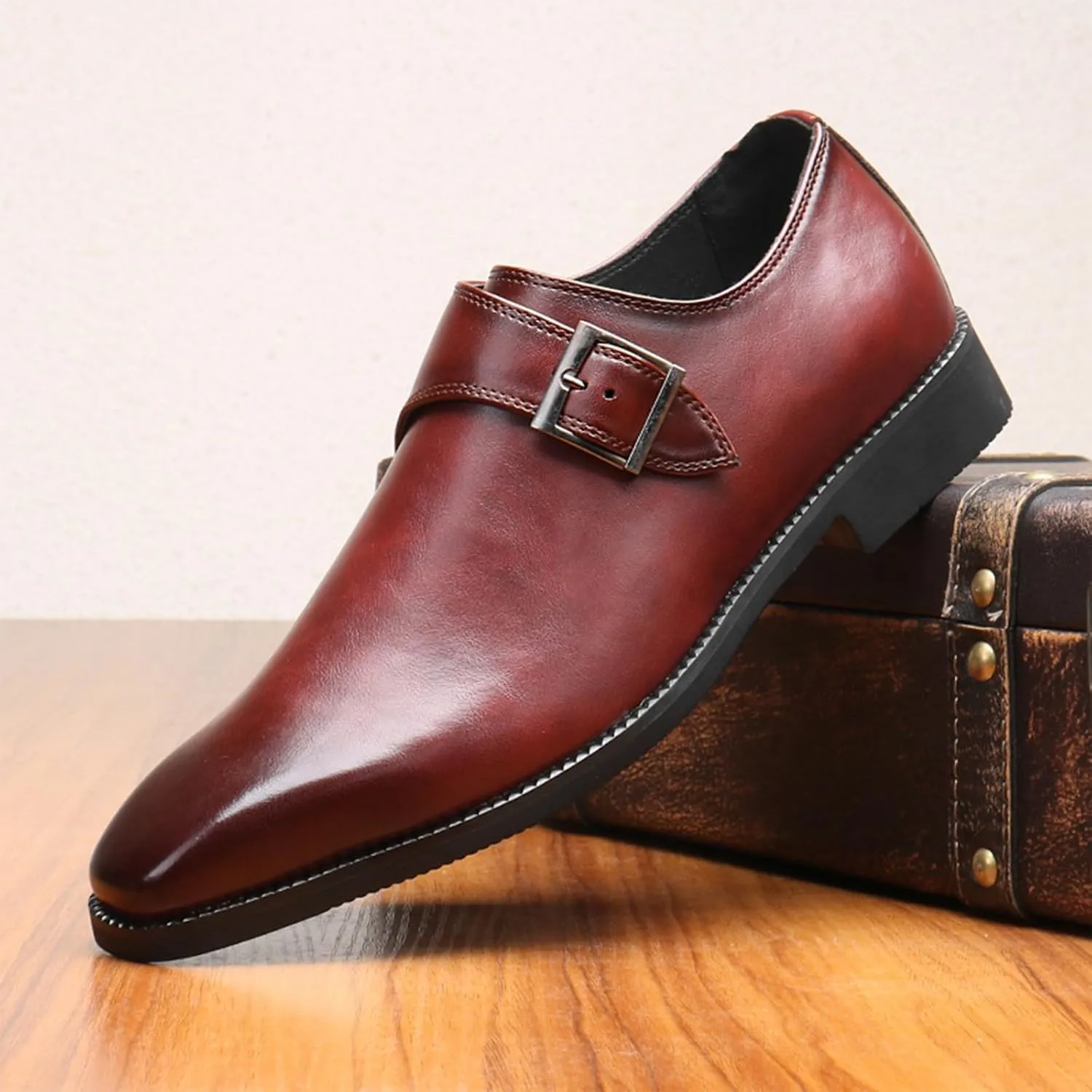 Mens Retro Comfort Slip On Monk Buckle Loafers Pointed-Toe Low Heel Polishing Leather Formal Tuxedo Shoes Fashion Business Dress Oxford Shoes