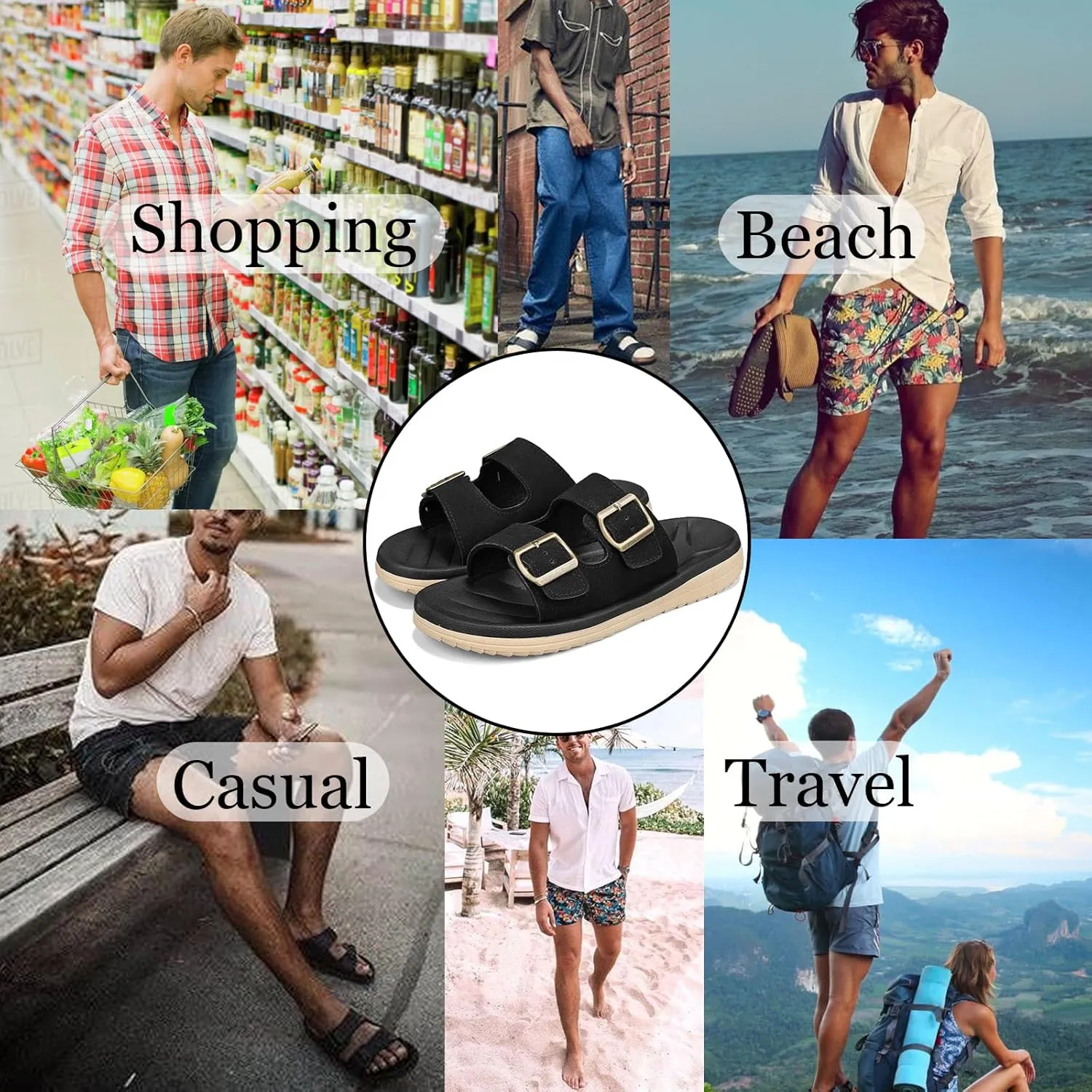 Mens Sandals Adjustable Buckle Straps with Arch Support Lightweight Comfort Beach Sandals Soft Cushion Footbed Summer Slippers Open Toe Slides for Indoor and Outdoor