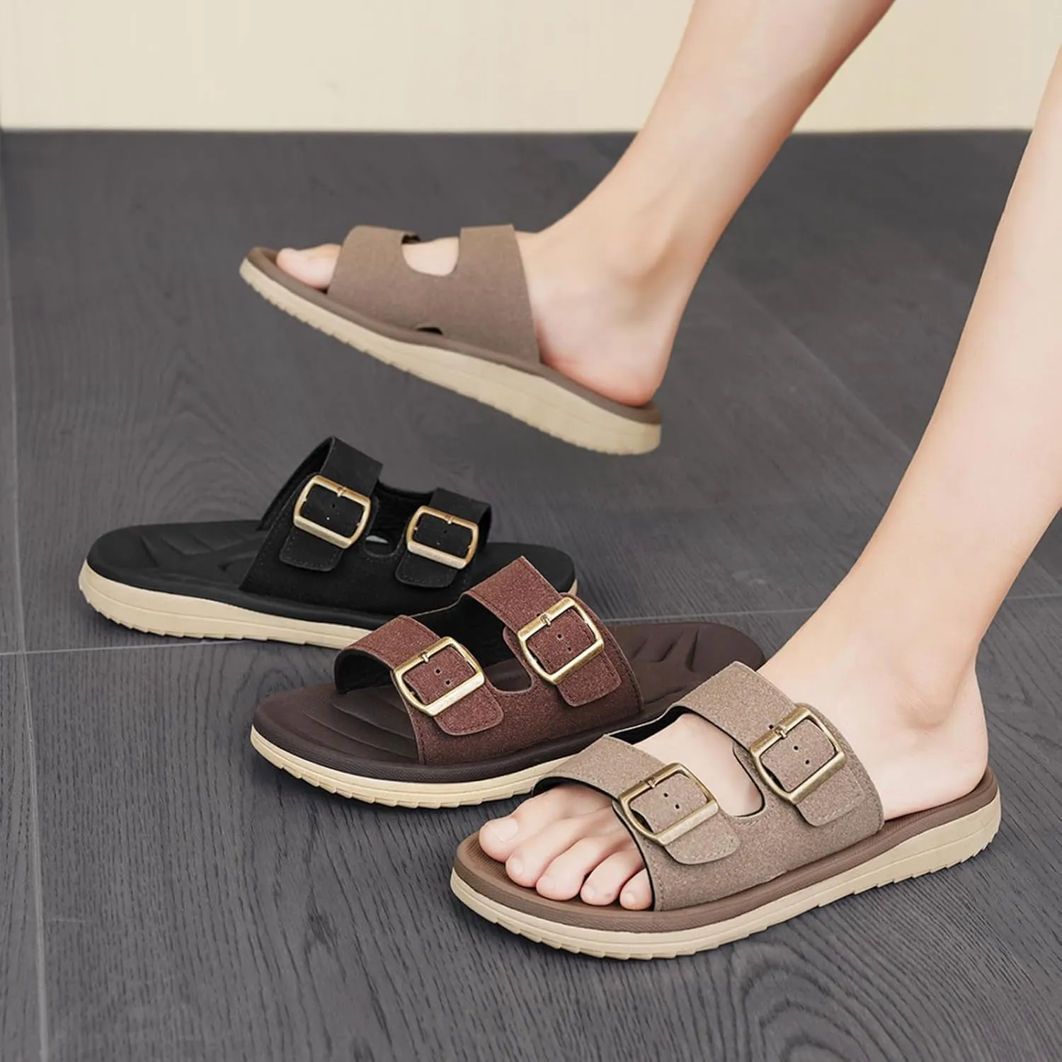 Mens Sandals Adjustable Buckle Straps with Arch Support Lightweight Comfort Beach Sandals Soft Cushion Footbed Summer Slippers Open Toe Slides for Indoor and Outdoor