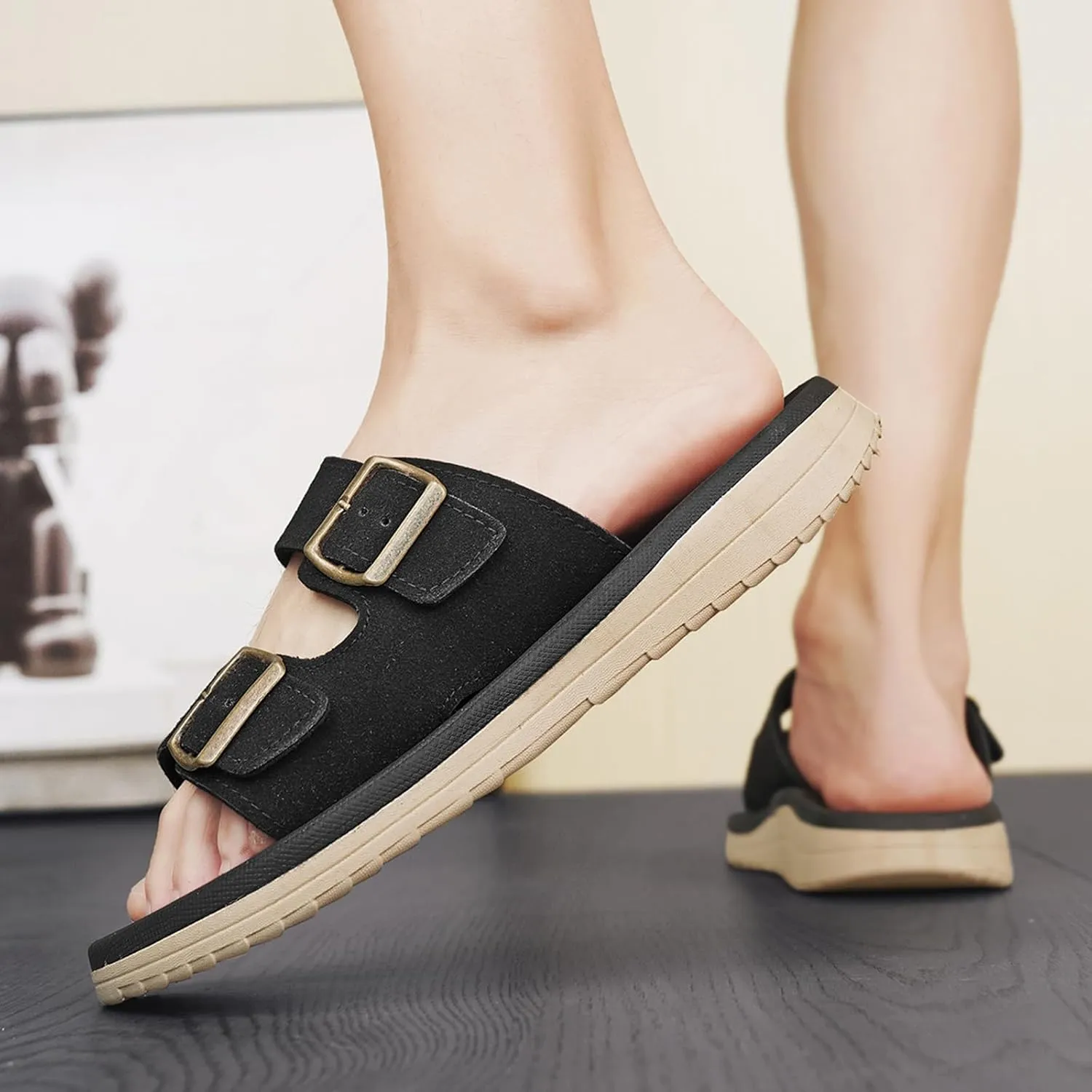 Mens Sandals Adjustable Buckle Straps with Arch Support Lightweight Comfort Beach Sandals Soft Cushion Footbed Summer Slippers Open Toe Slides for Indoor and Outdoor