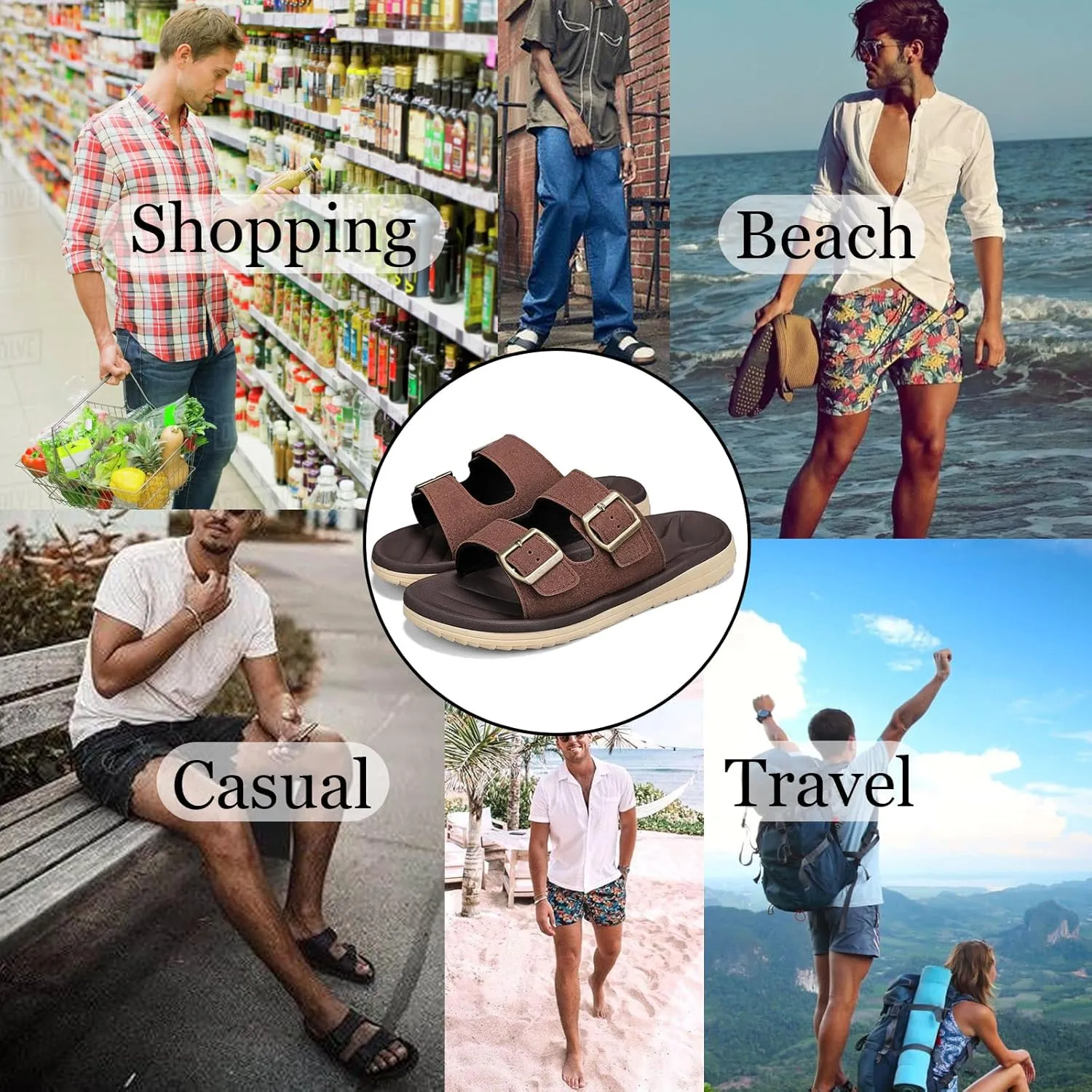 Mens Sandals Adjustable Buckle Straps with Arch Support Lightweight Comfort Beach Sandals Soft Cushion Footbed Summer Slippers Open Toe Slides for Indoor and Outdoor