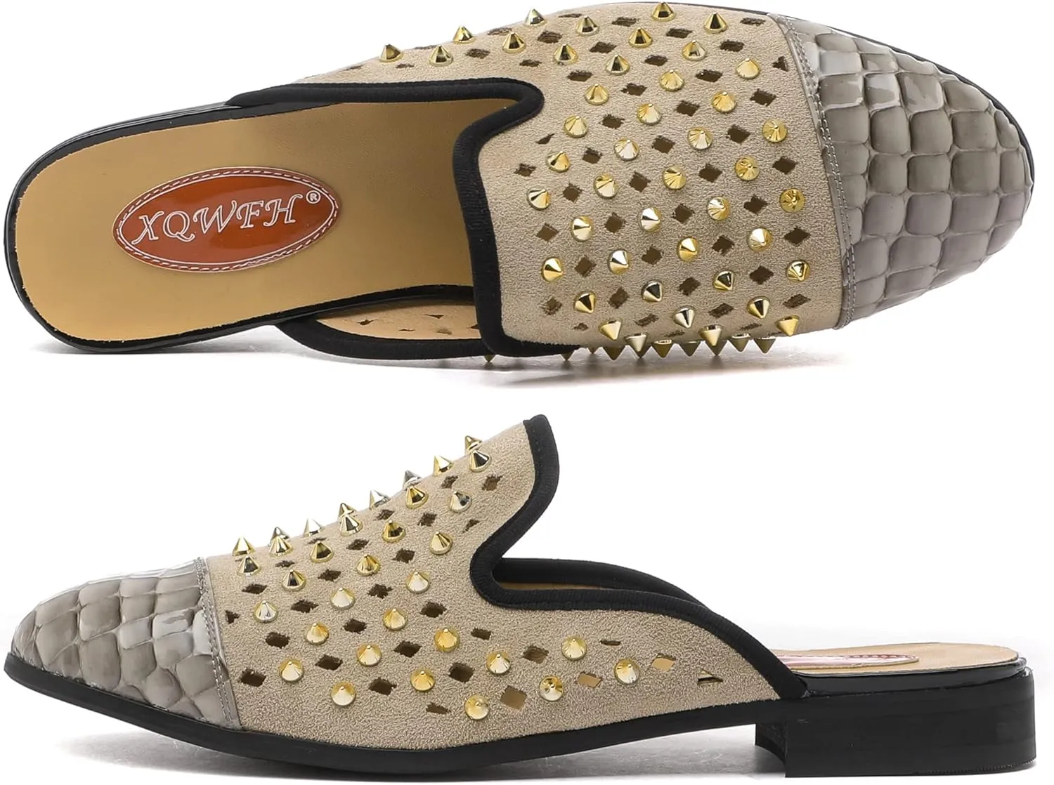 Men's Slip-on Mule Sandals Loafer with Gold Buckle,Fashion Leather Formal Wear Casual Backless Dress Slippers