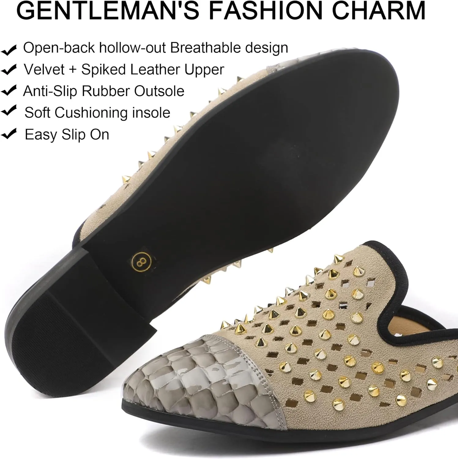 Men's Slip-on Mule Sandals Loafer with Gold Buckle,Fashion Leather Formal Wear Casual Backless Dress Slippers