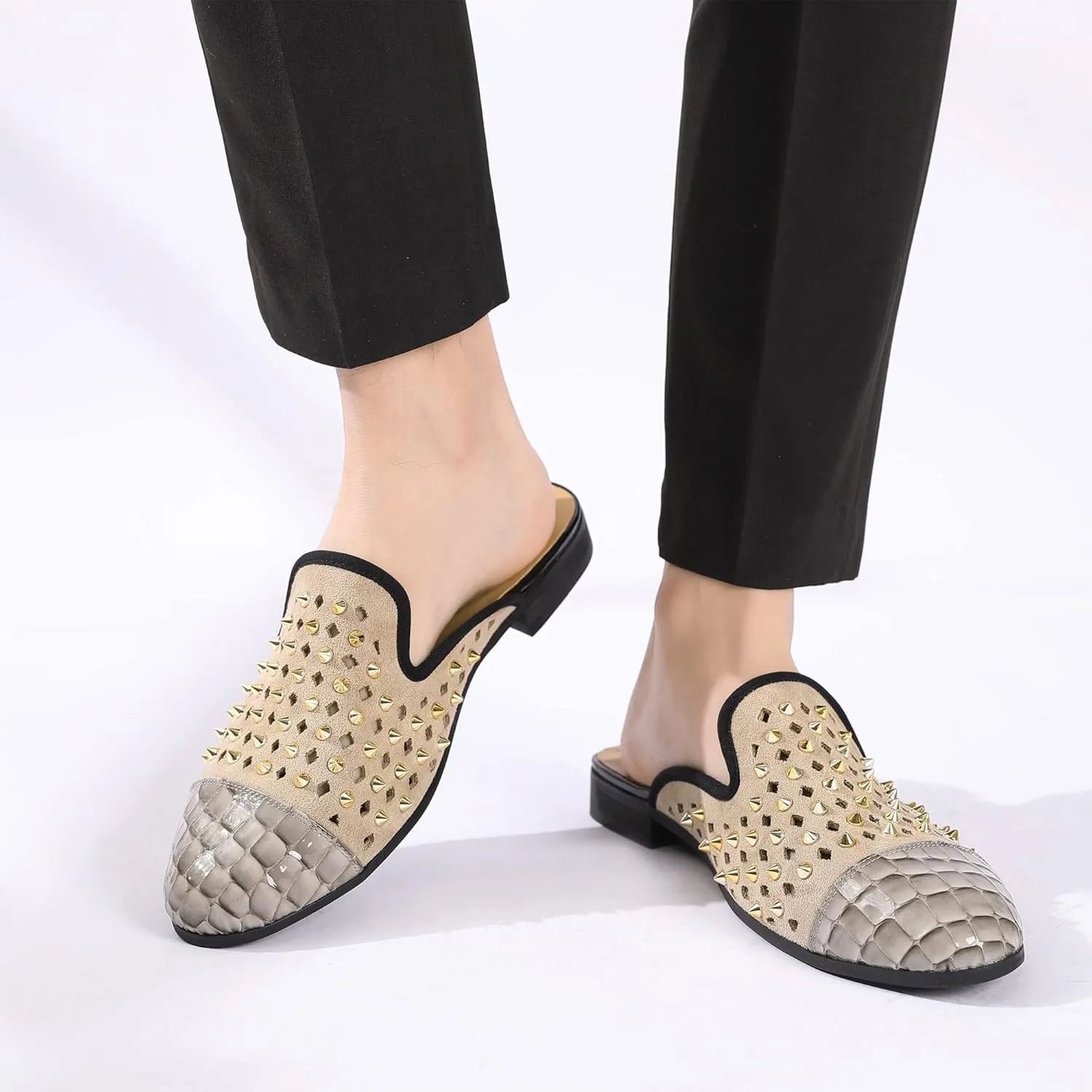 Men's Slip-on Mule Sandals Loafer with Gold Buckle,Fashion Leather Formal Wear Casual Backless Dress Slippers